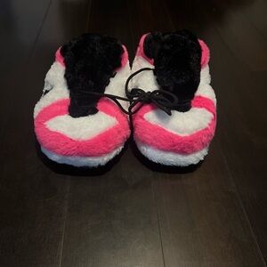 Nike Women's Fuzzy Pink and Black Slippers
